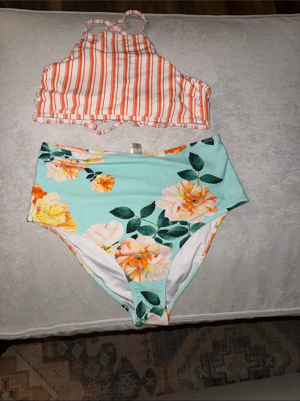 Cupshe, Striped Halter Bikini Top & Floral High Waist Bottoms - Orange & Aqua
